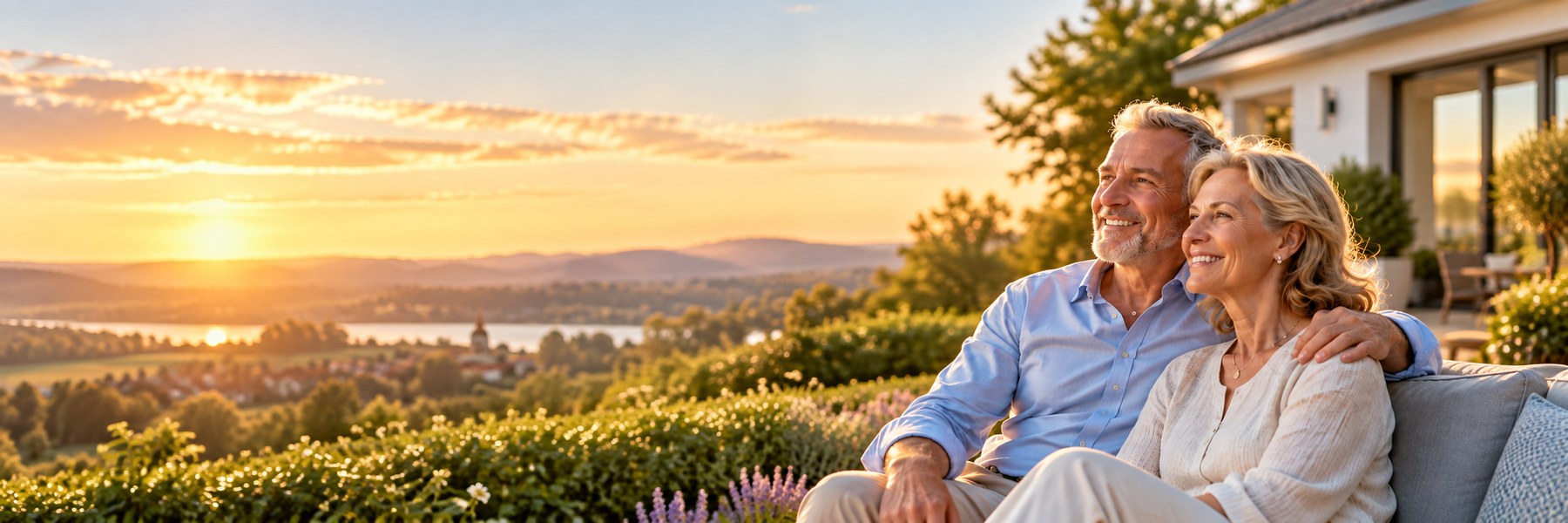Couple de pensionnés sur leur terrasse au coucher du soleil
